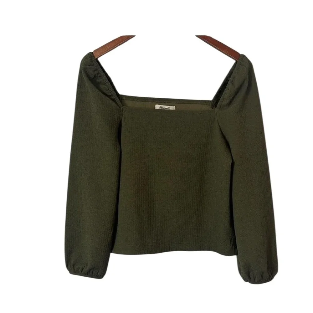 Madewell‎ Green Crepe Square-Neck Puff Sleeve Top - Size Small
